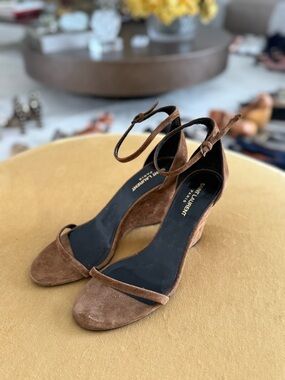 Saint Laurent Brown Suede Ankle-Strap Wedge Sandals